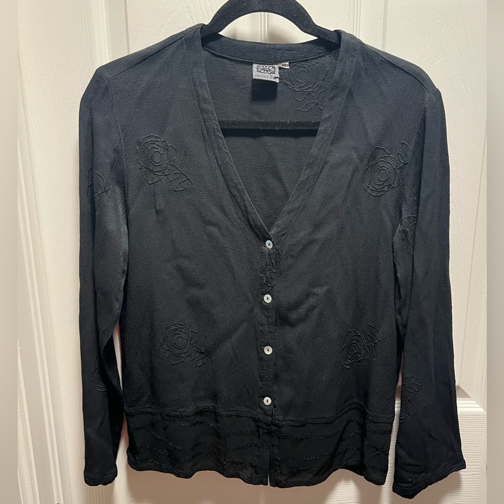 Johnny Was | Vintage Button Down Cardigan Blouse Black Embroidered Sz M